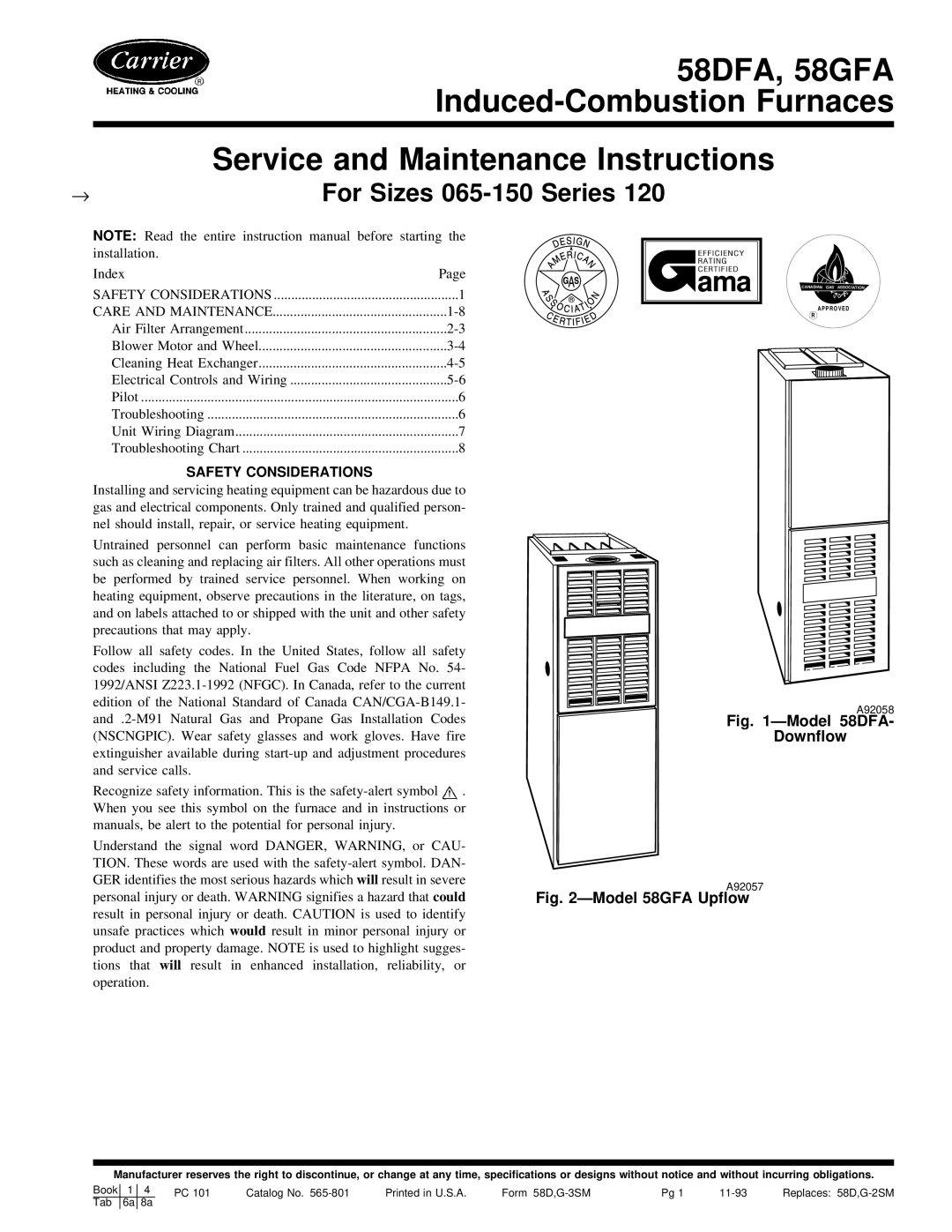 Carrier 58DFA instruction manual Safety Considerations, A92058, A92057 