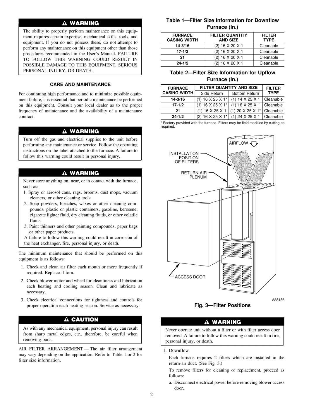 Carrier 58DFA instruction manual Care and Maintenance, A88486 