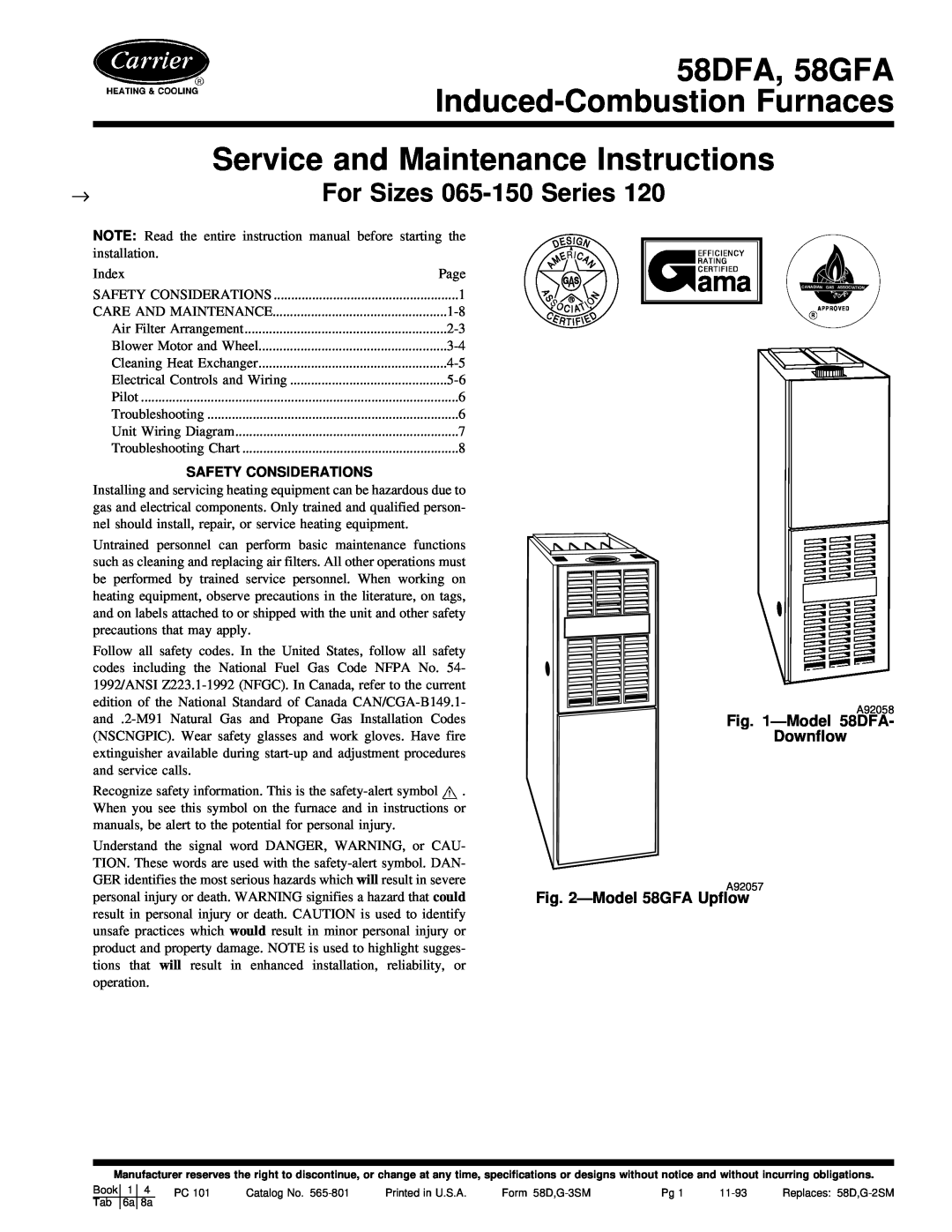 Carrier instruction manual ÐModel 58DFA Downflow, ÐModel 58GFA Upflow, Safety Considerations, 58DFA, 58GFA 