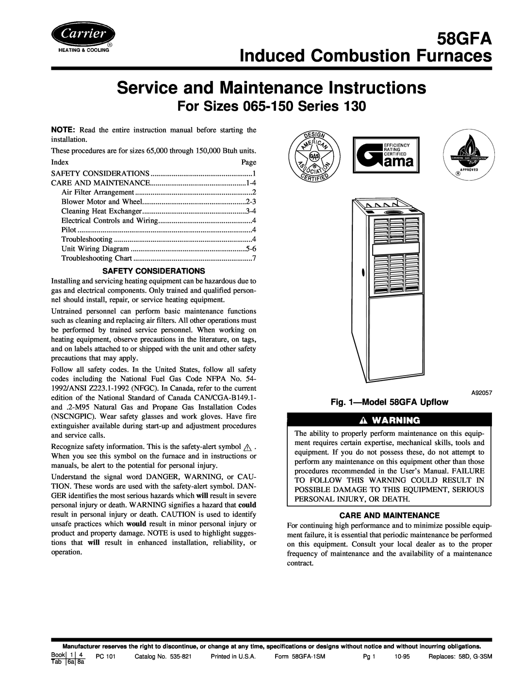 Carrier instruction manual Service and Maintenance Instructions, 58GFA Induced Combustion Furnaces, ÐModel 58GFA Upflow 