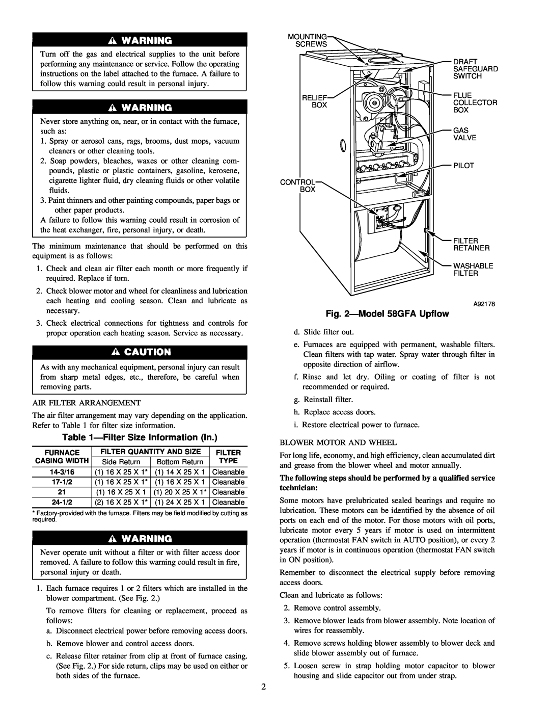 Carrier instruction manual ÐFilter Size Information In, ÐModel 58GFA Upflow 