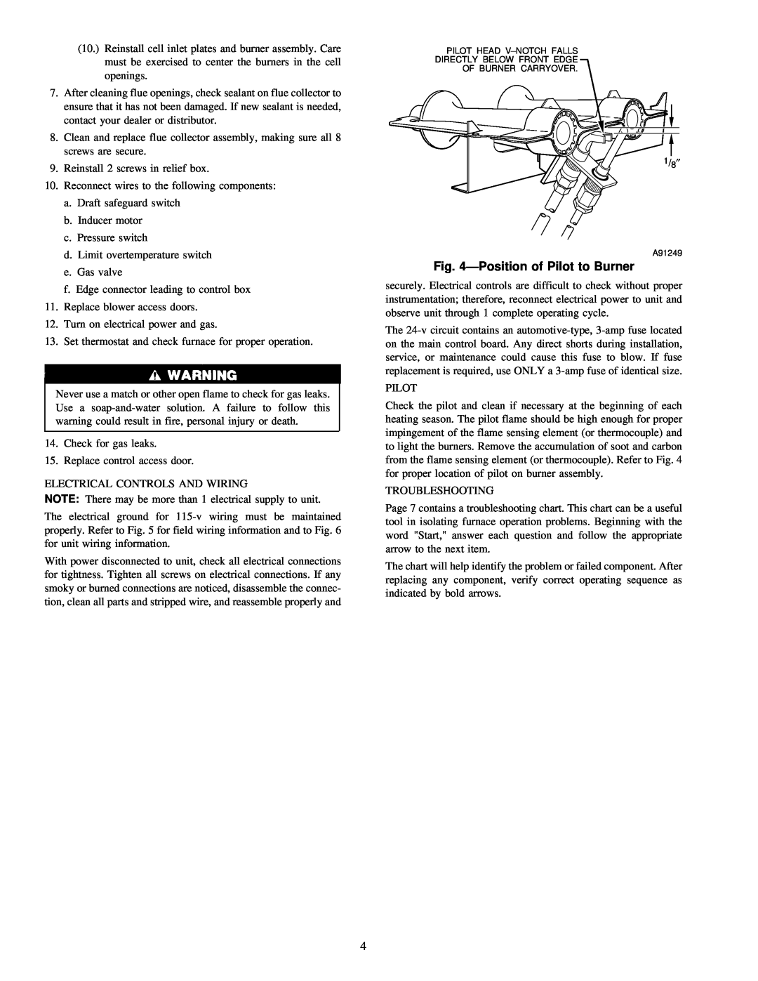 Carrier 58GFA instruction manual ÐPosition of Pilot to Burner 