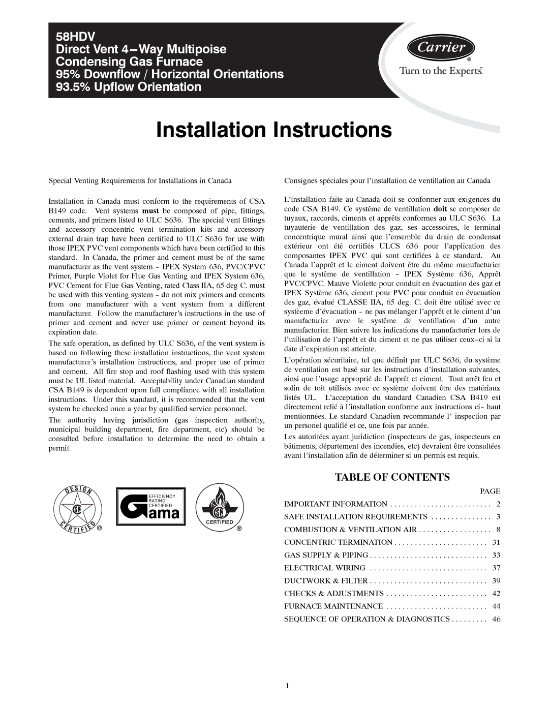 Carrier 58HDV installation instructions Installation Instructions 