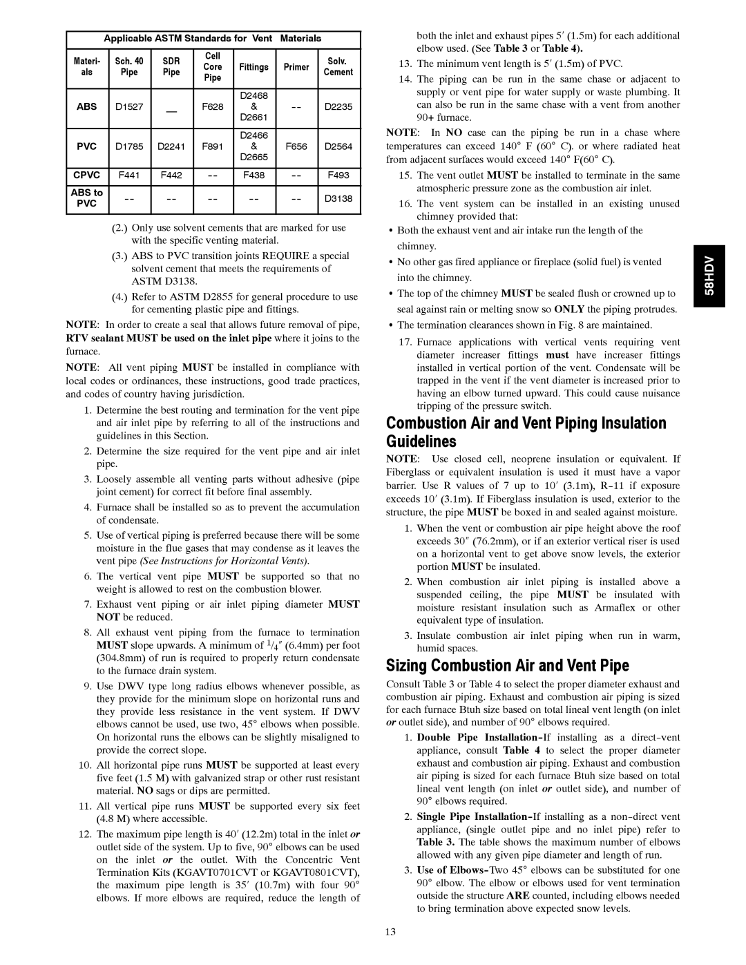 Carrier 58HDV Combustion Air and Vent Piping Insulation Guidelines, Sizing Combustion Air and Vent Pipe 