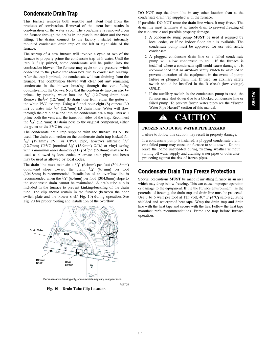 Carrier 58HDV installation instructions Condensate Drain Trap, Frozen and Burst Water Pipe Hazard 