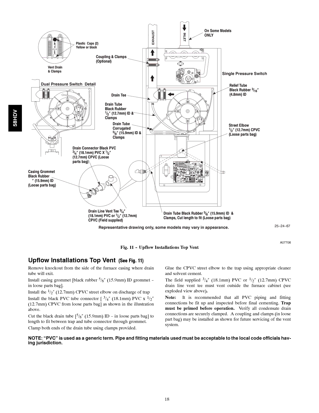 Carrier 58HDV installation instructions Upflow Installations Top Vent See Fig, Only 