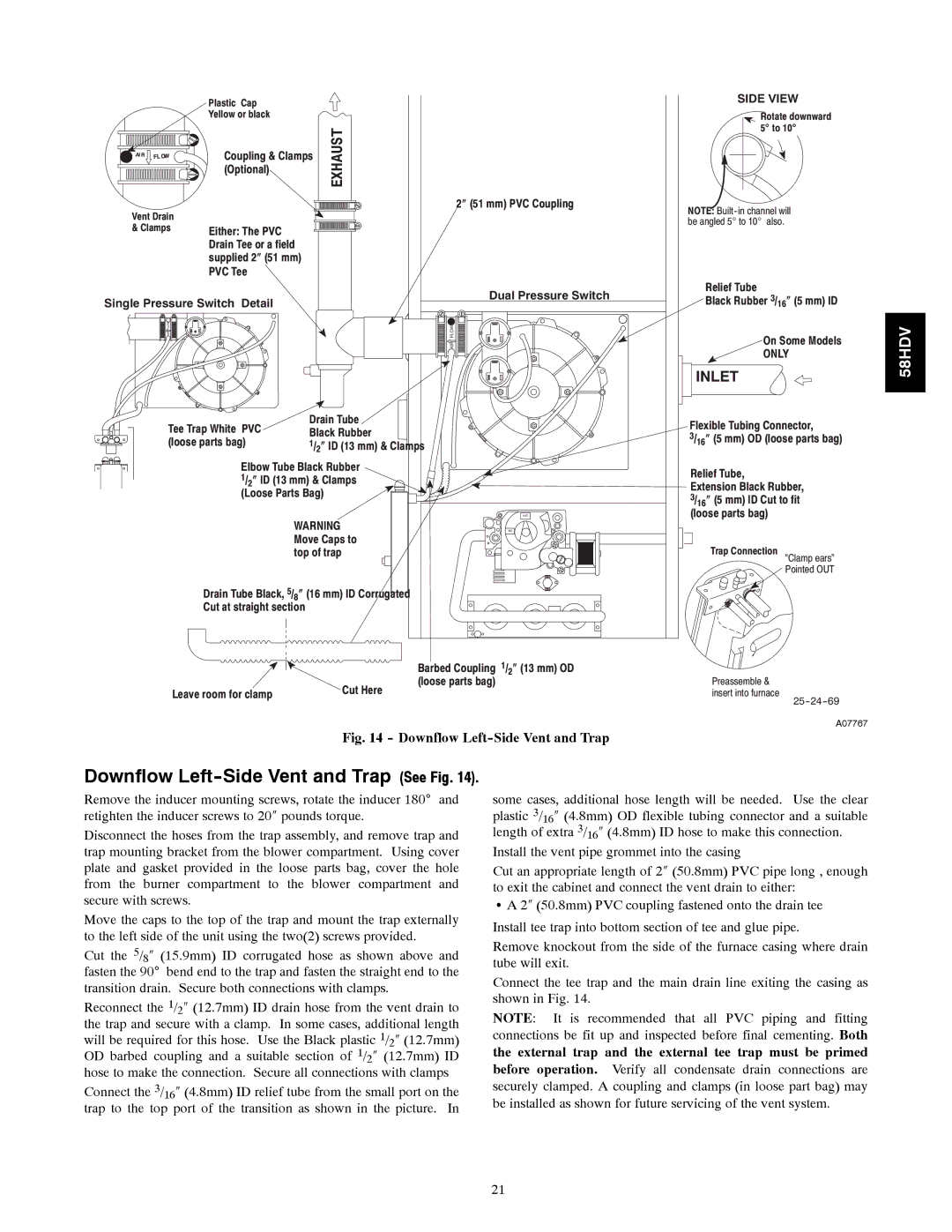 Carrier 58HDV installation instructions Downflow Left-Side Vent and Trap See Fig, Exhaust 