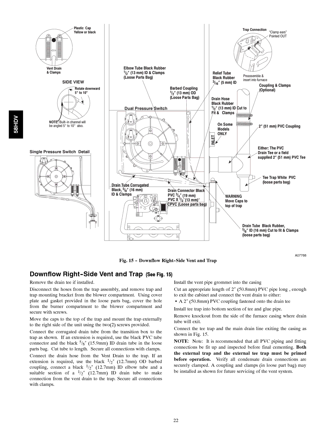 Carrier 58HDV installation instructions Downflow Right-Side Vent and Trap See Fig 