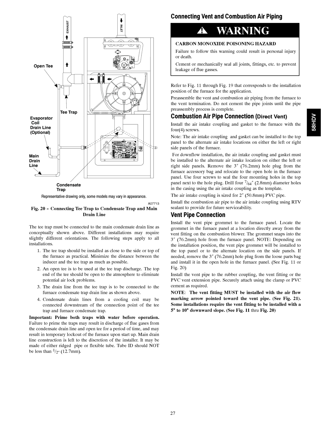 Carrier 58HDV Connecting Vent and Combustion Air Piping, Combustion Air Pipe Connection Direct Vent, Vent Pipe Connection 