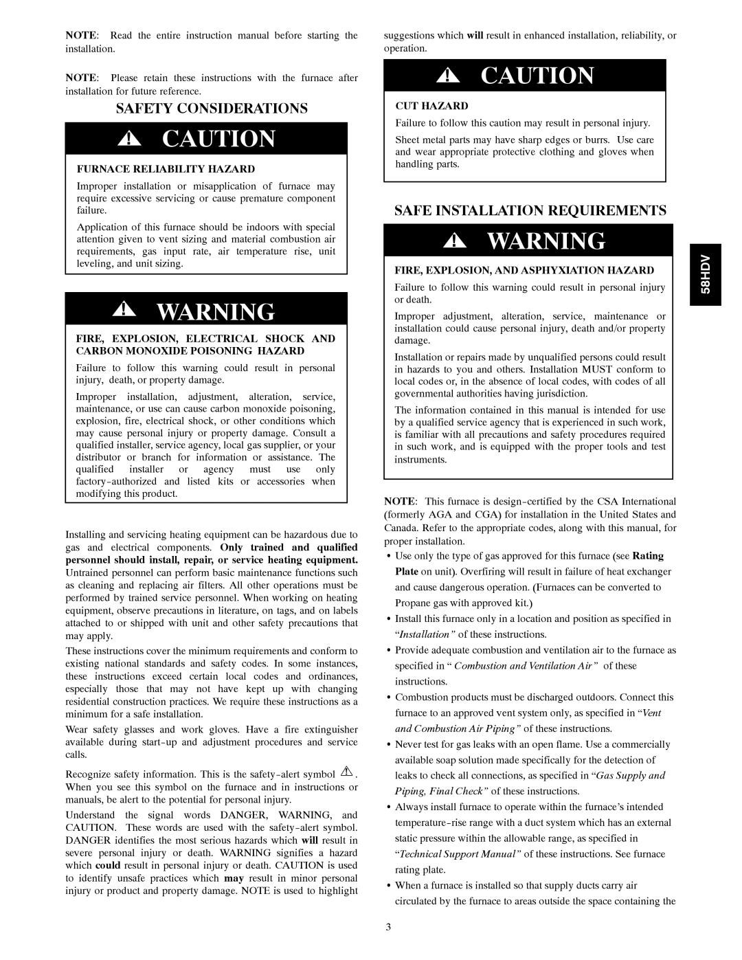 Carrier 58HDV installation instructions Furnace Reliability Hazard, CUT Hazard, FIRE, EXPLOSION, and Asphyxiation Hazard 