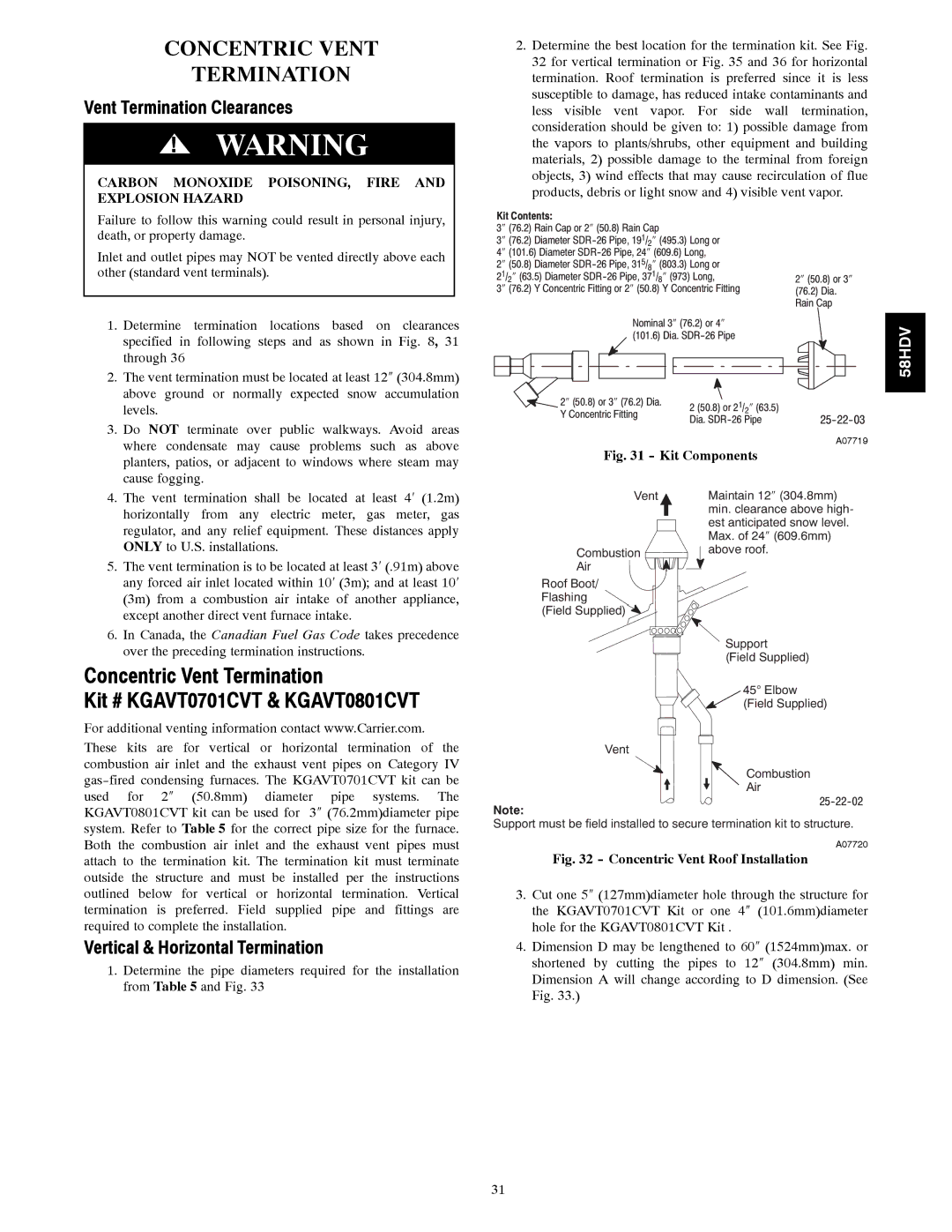 Carrier 58HDV installation instructions Concentric Vent Termination, Vertical & Horizontal Termination 