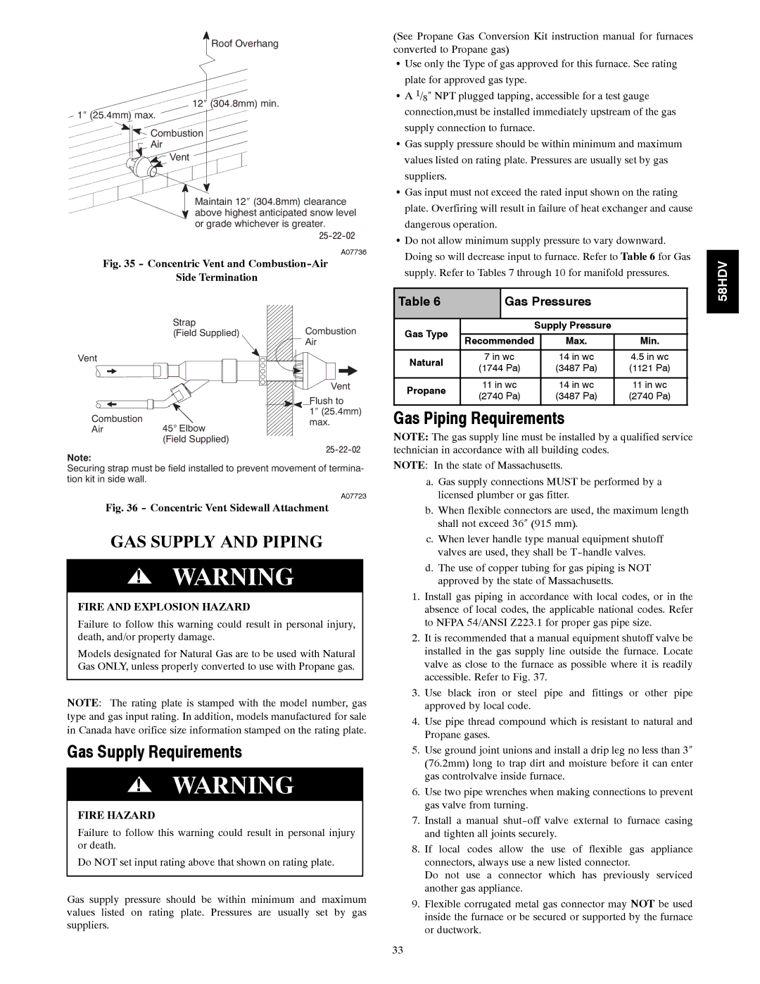 Carrier 58HDV Gas Piping Requirements, Gas Supply Requirements, Fire and Explosion Hazard, Fire Hazard 