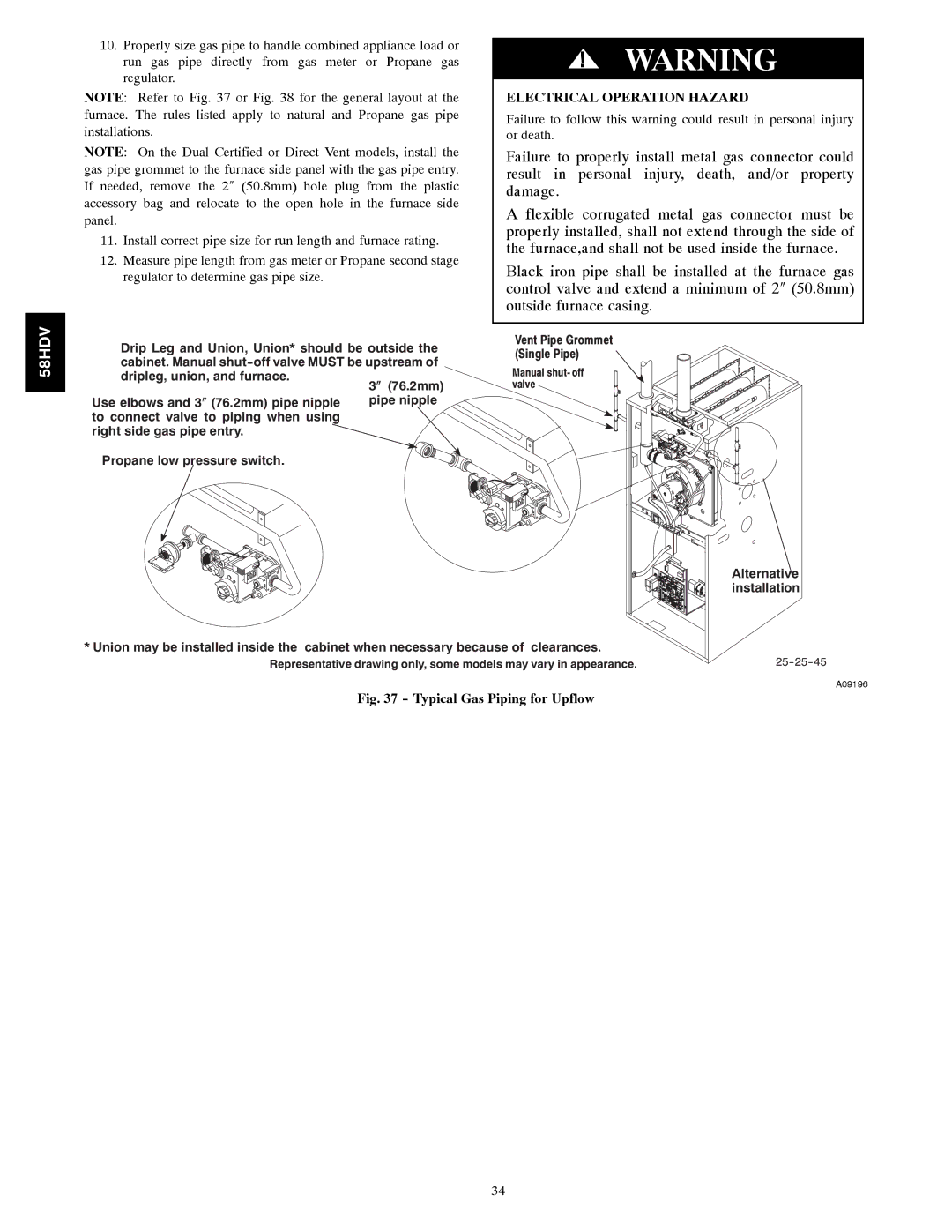 Carrier 58HDV installation instructions Electrical Operation Hazard, Typical Gas Piping for Upflow 