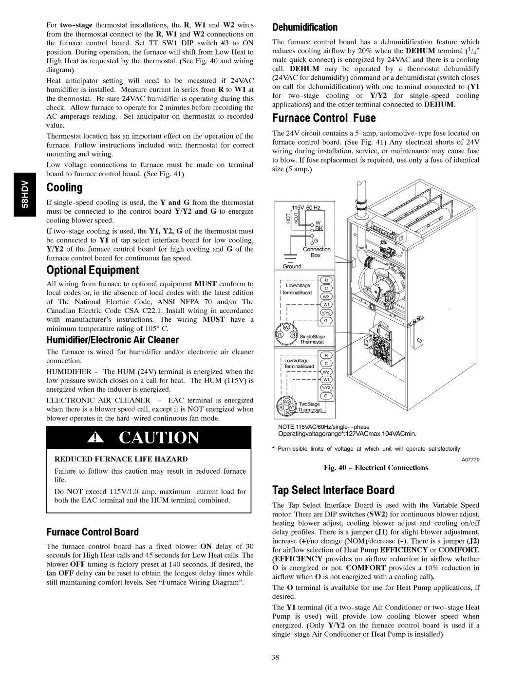 Carrier 58HDV installation instructions Cooling, Optional Equipment, Furnace Control Fuse, Tap Select Interface Board 