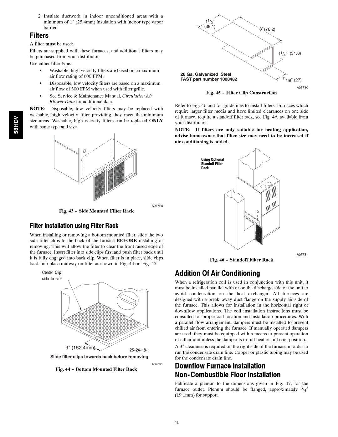 Carrier 58HDV installation instructions Filters, Addition Of Air Conditioning, Filter Installation using Filter Rack 