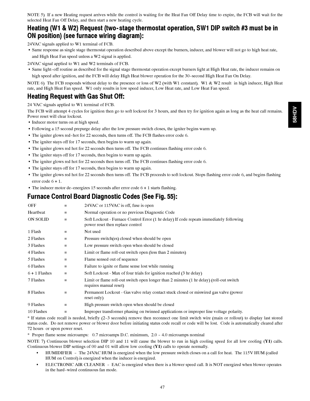 Carrier 58HDV installation instructions Heating Request with Gas Shut Off, Furnace Control Board Diagnostic Codes See Fig 