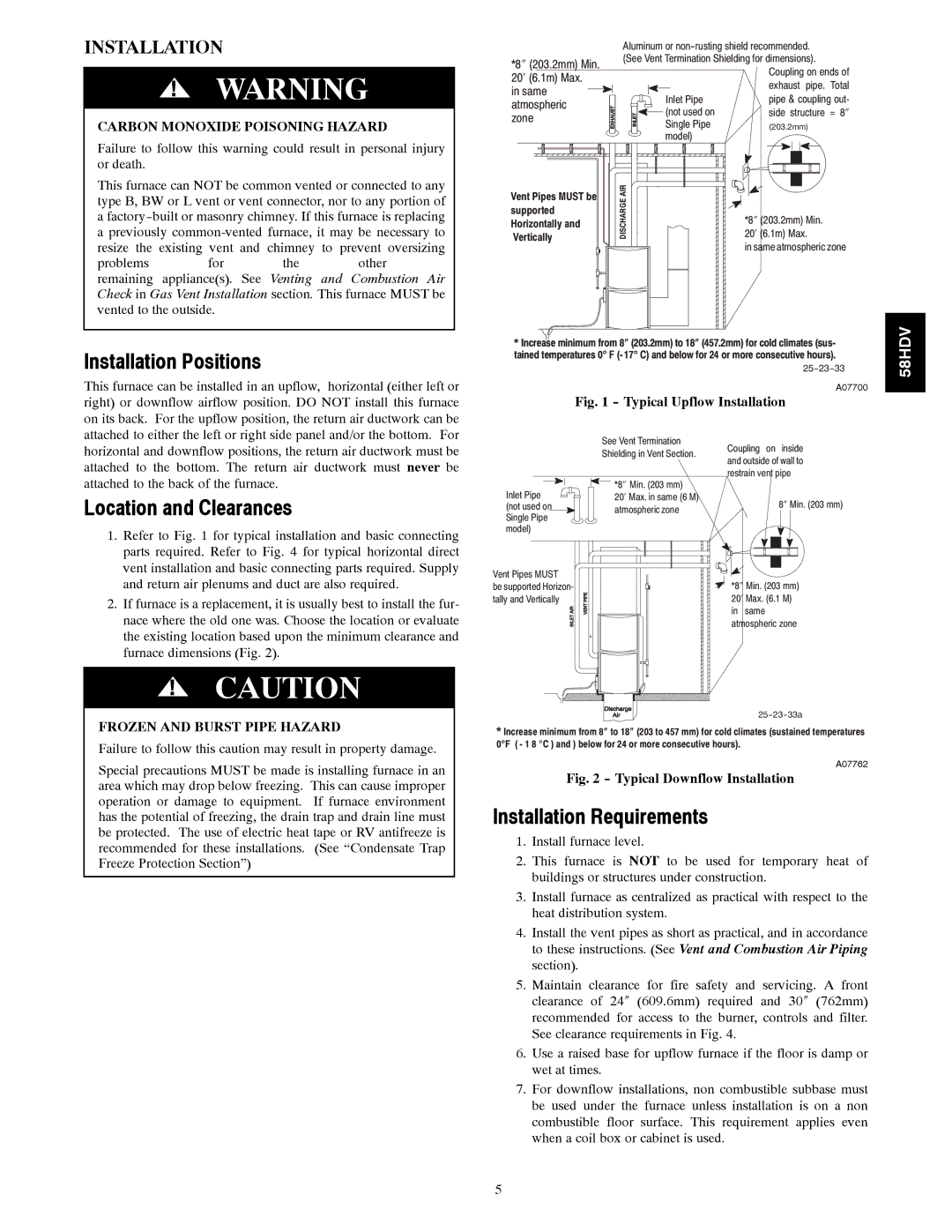 Carrier 58HDV Installation Positions, Location and Clearances, Installation Requirements, Carbon Monoxide Poisoning Hazard 