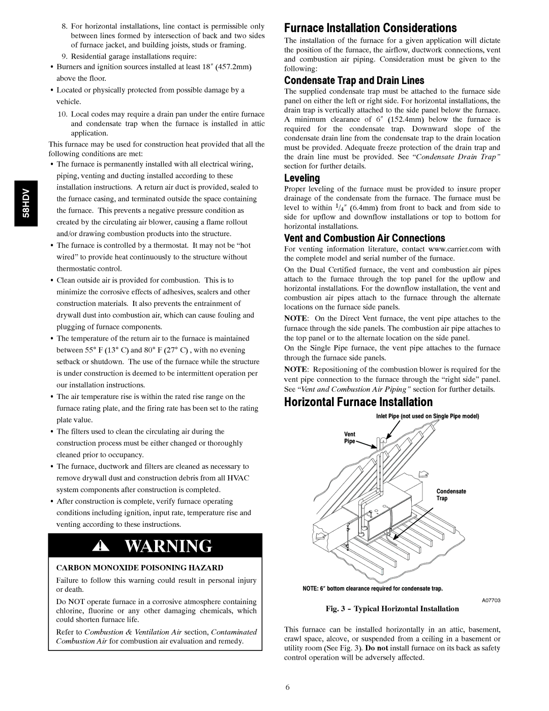 Carrier 58HDV Furnace Installation Considerations, Horizontal Furnace Installation, Condensate Trap and Drain Lines 