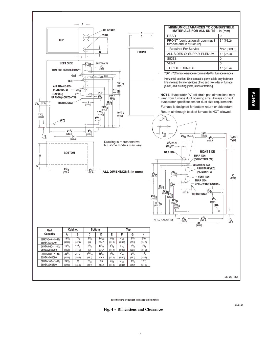 Carrier 58HDV installation instructions Dimensions and Clearances 