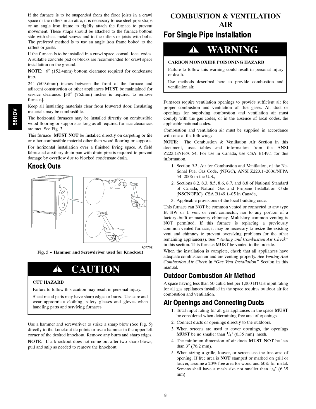 Carrier 58HDV installation instructions Knock Outs, Outdoor Combustion Air Method, Air Openings and Connecting Ducts 