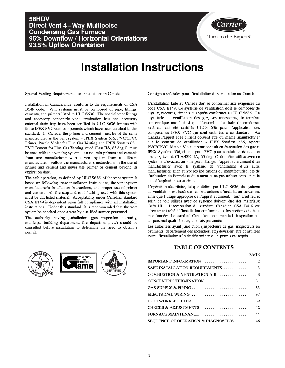 Carrier installation instructions Table Of Contents, Installation Instructions, 58HDV Direct Vent 4---WayMultipoise 