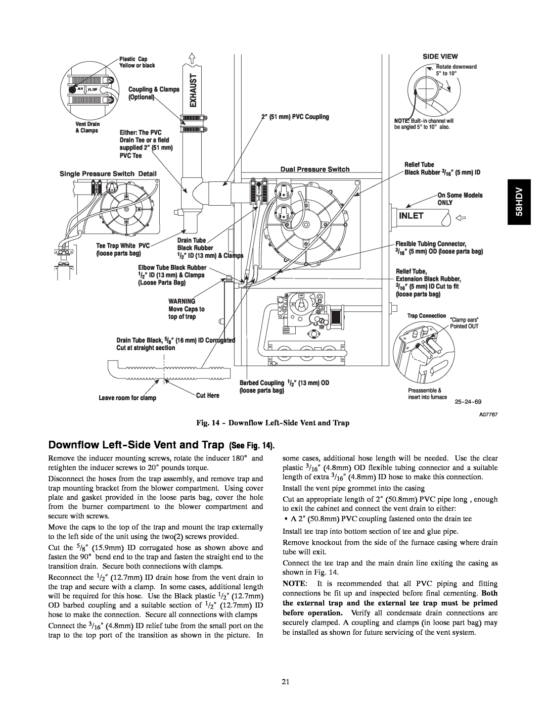 Carrier 58HDV installation instructions Downflow Left-SideVent and Trap See Fig, Exhaust, Inlet 