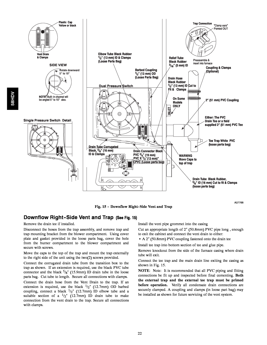 Carrier 58HDV installation instructions Downflow Right-SideVent and Trap See Fig 