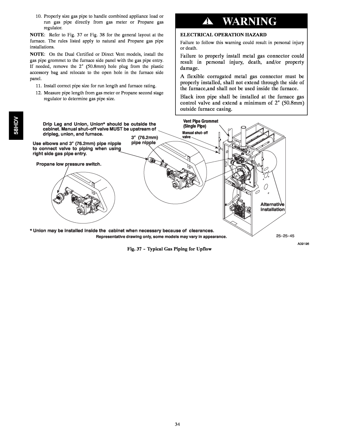 Carrier 58HDV installation instructions Electrical Operation Hazard, Typical Gas Piping for Upflow 