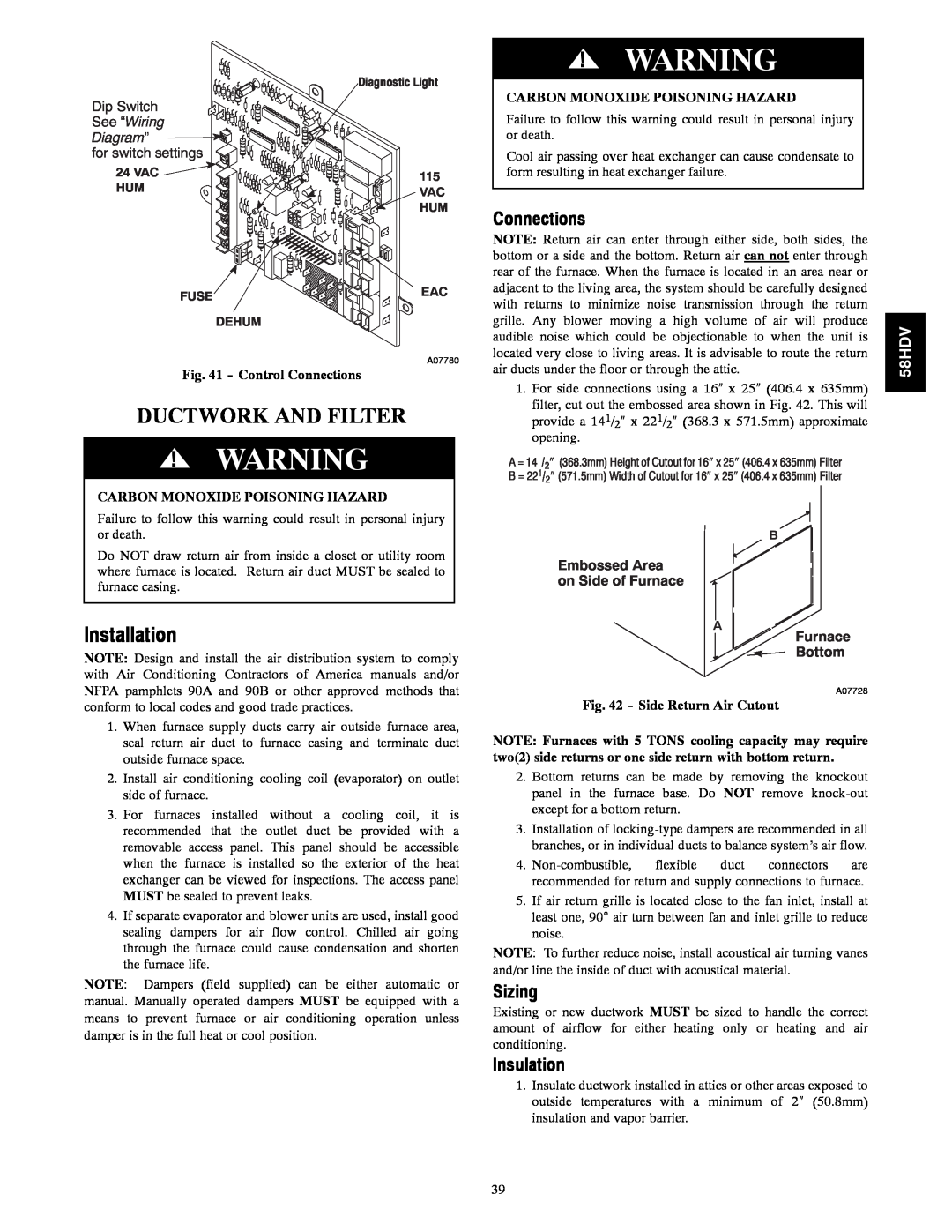 Carrier 58HDV Ductwork And Filter, Installation, Connections, Sizing, Insulation, See “Wiring Diagram” 
