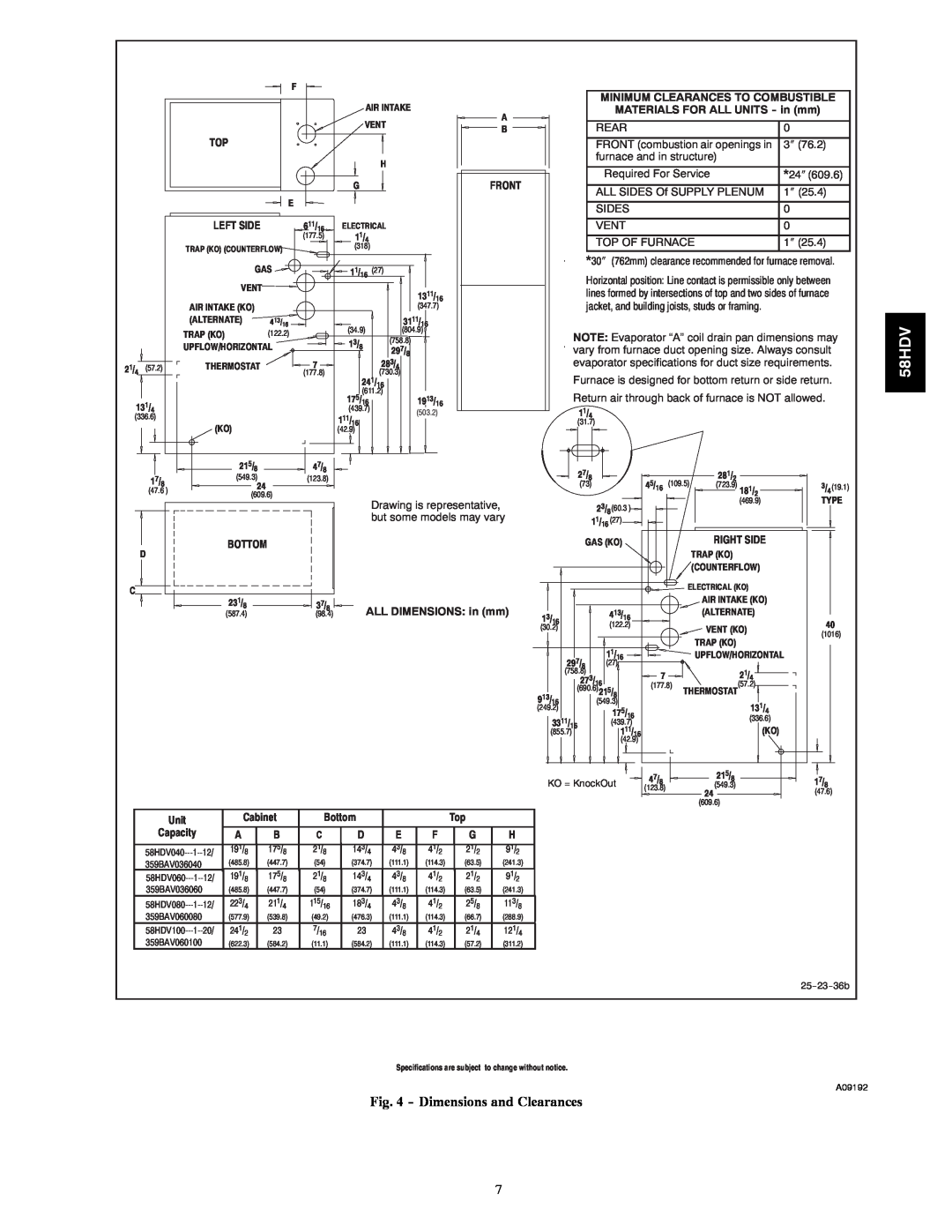 Carrier 58HDV installation instructions Dimensions and Clearances 