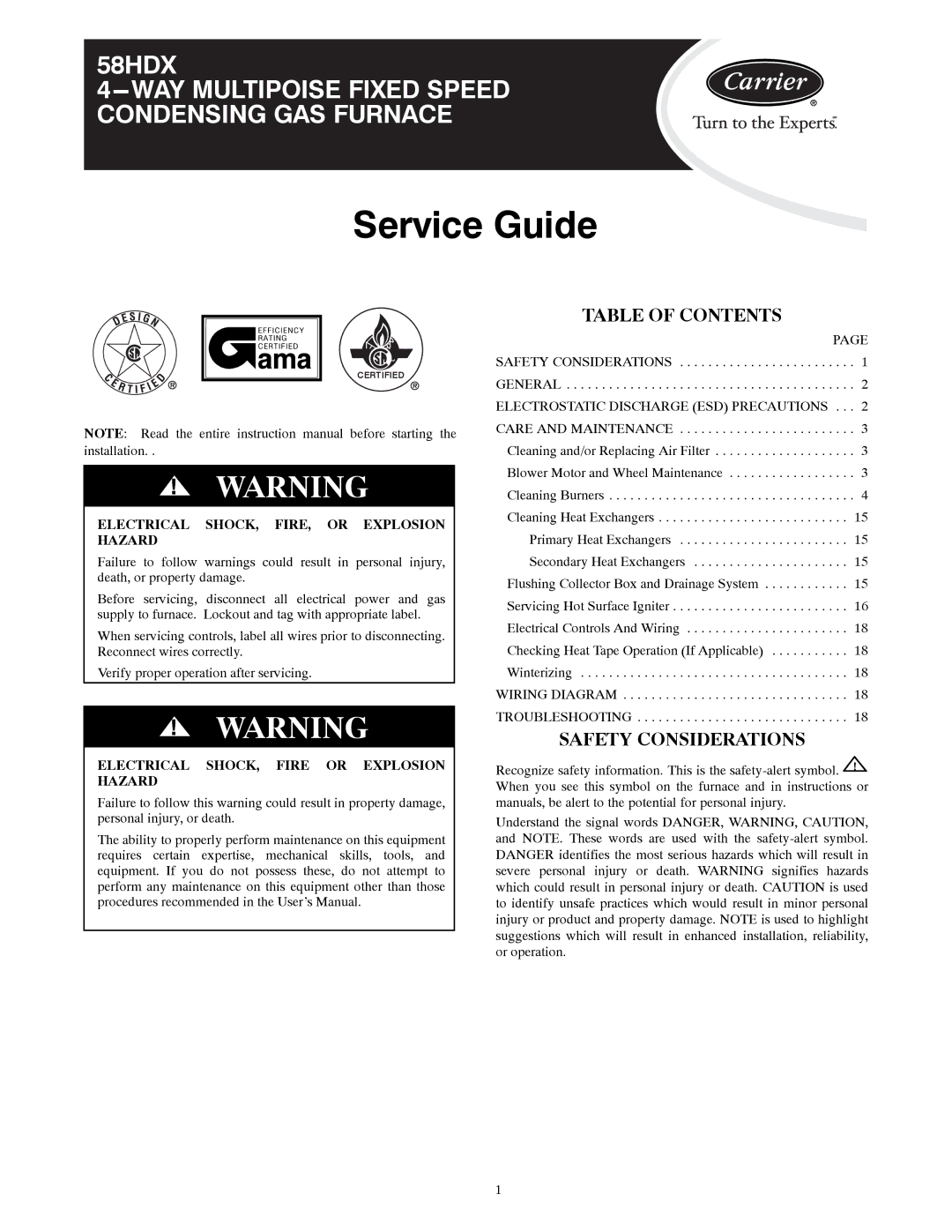 Carrier 58HDX instruction manual Service Guide 