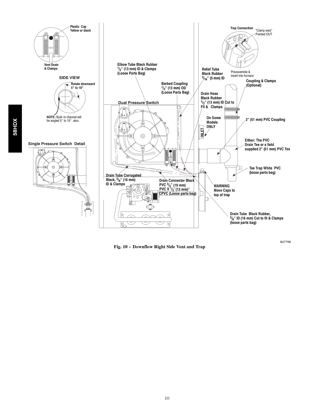 Carrier 58HDX instruction manual Downflow Right Side Vent and Trap 