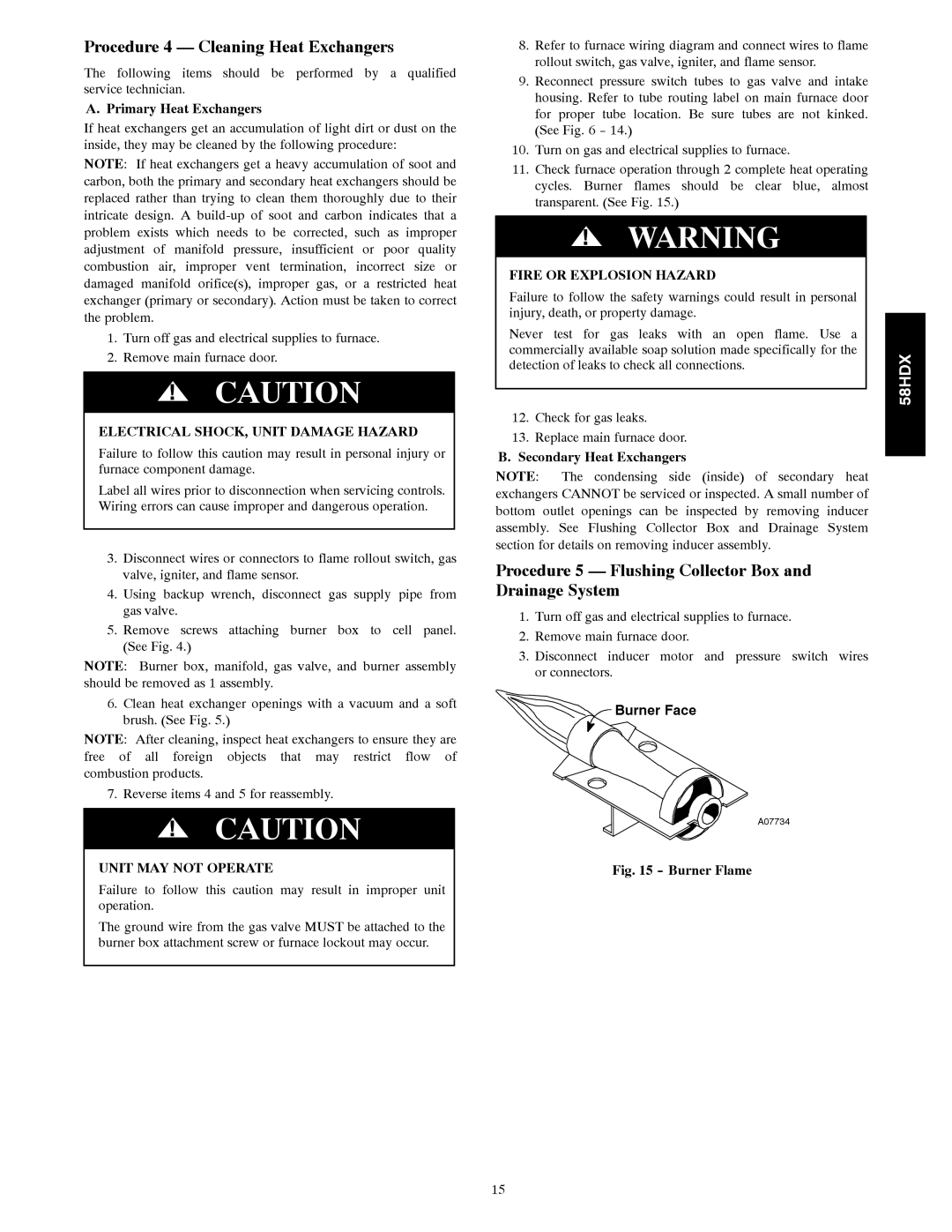 Carrier 58HDX instruction manual Procedure 4 Cleaning Heat Exchangers, Procedure 5 Flushing Collector Box Drainage System 