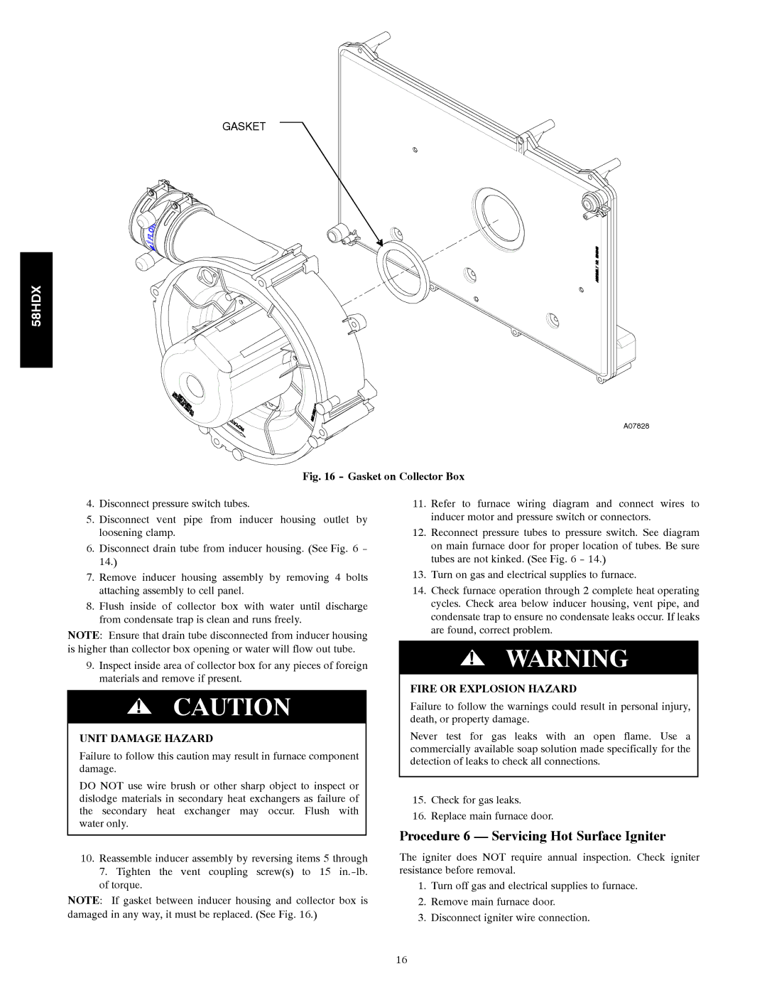 Carrier 58HDX instruction manual Procedure 6 Servicing Hot Surface Igniter, Gasket on Collector Box 