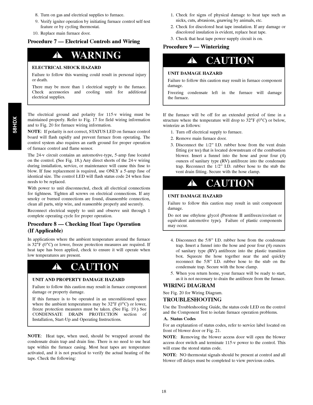 Carrier 58HDX Procedure 7 Electrical Controls and Wiring, Procedure 8 Checking Heat Tape Operation If Applicable 