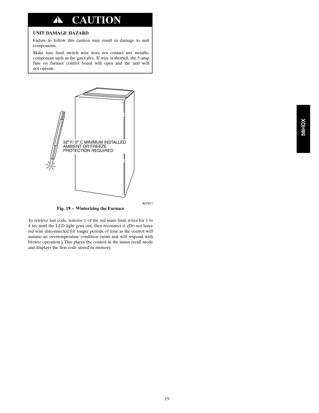 Carrier 58HDX instruction manual Winterizing the Furnace 