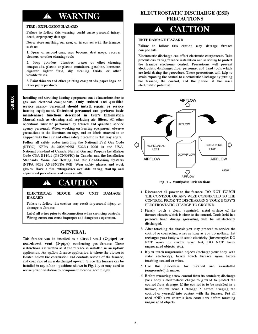 Carrier 58HDX instruction manual Fire / Explosion Hazard, Electrical Shock and Unit Damage Hazard 