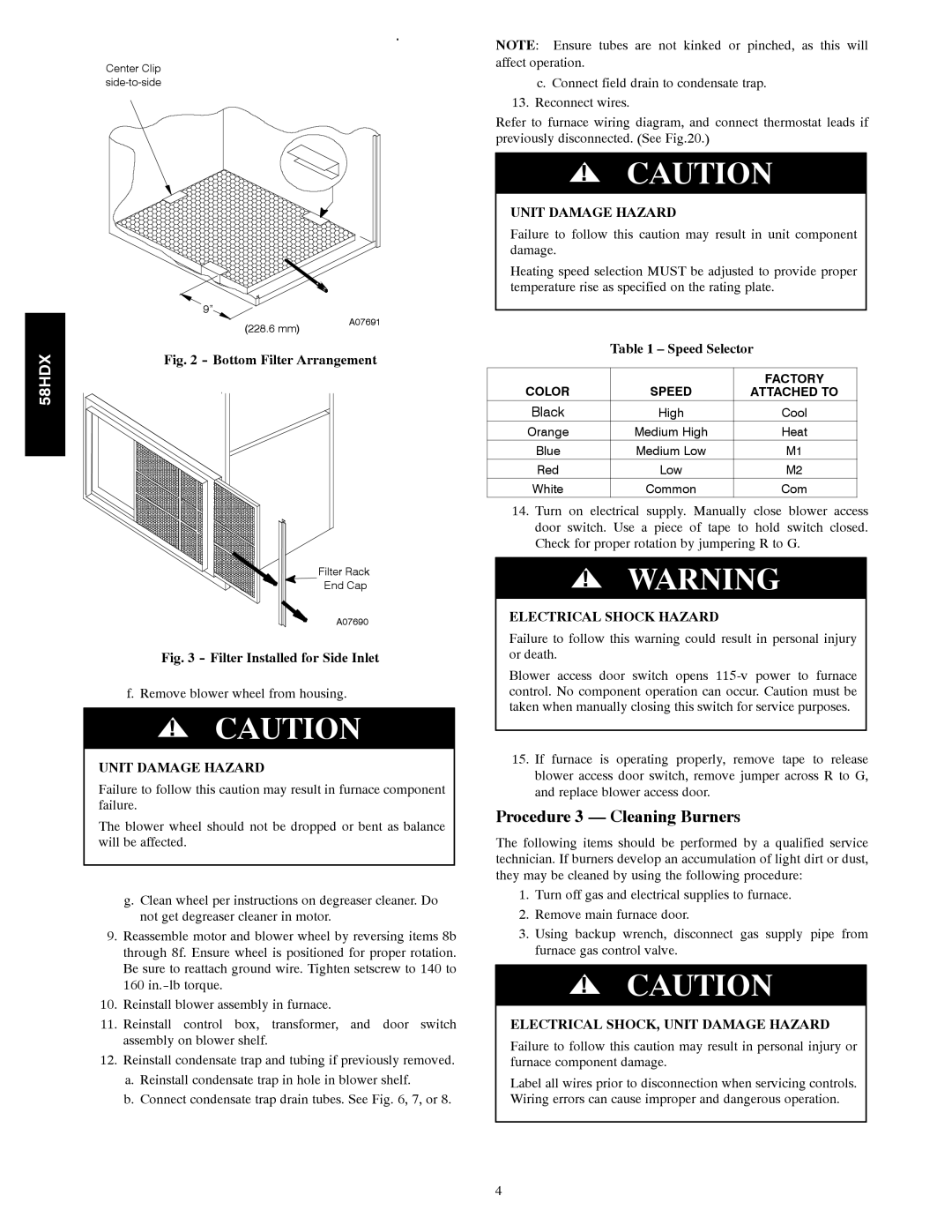 Carrier 58HDX Procedure 3 Cleaning Burners, Electrical Shock Hazard, Electrical SHOCK, Unit Damage Hazard 