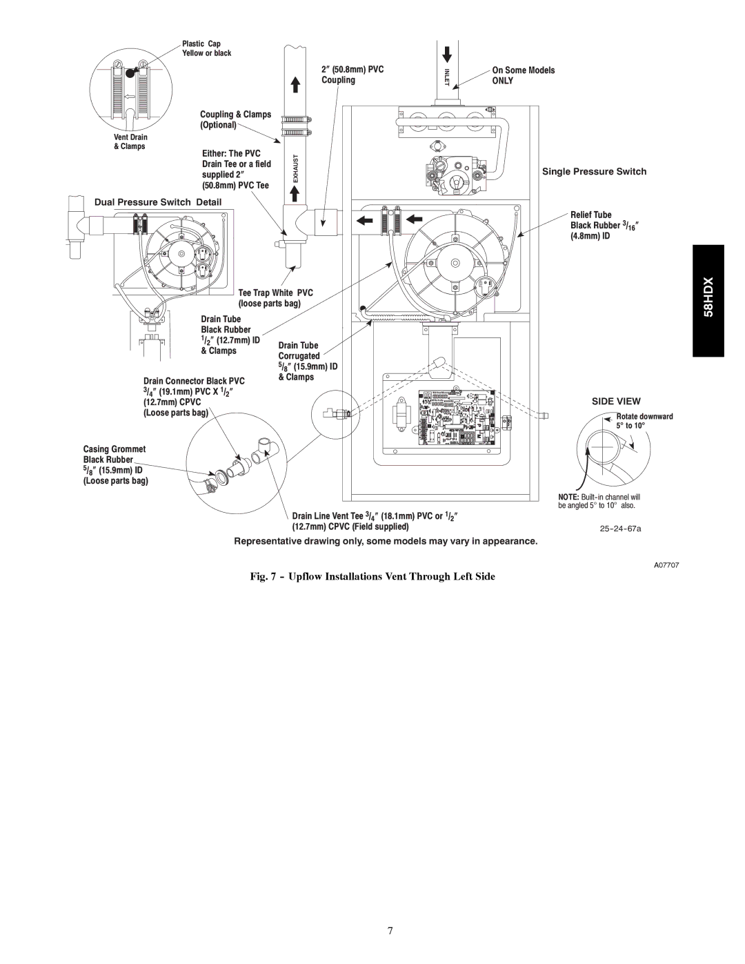 Carrier 58HDX instruction manual Upflow Installations Vent Through Left Side, Side View 