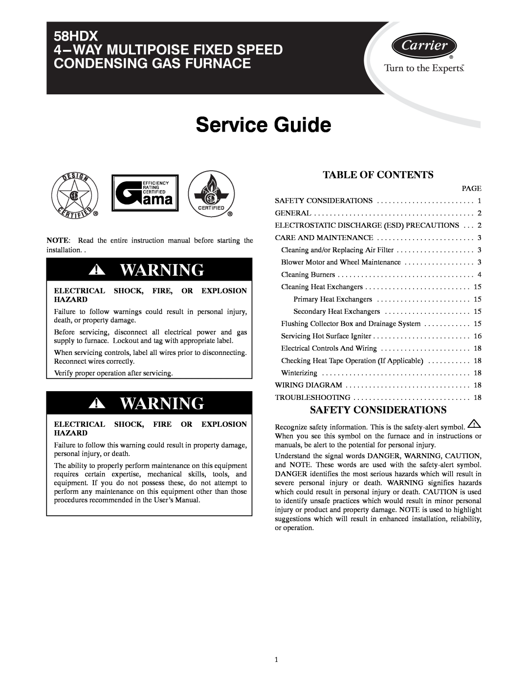 Carrier 58HDX instruction manual Table Of Contents, Safety Considerations, Electrical Shock, Fire, Or Explosion Hazard 