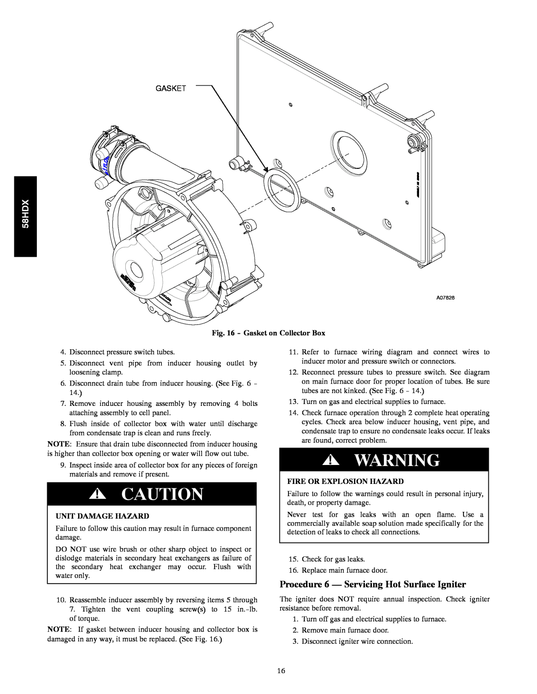 Carrier 58HDX instruction manual Procedure 6 - Servicing Hot Surface Igniter, Gasket on Collector Box, Unit Damage Hazard 