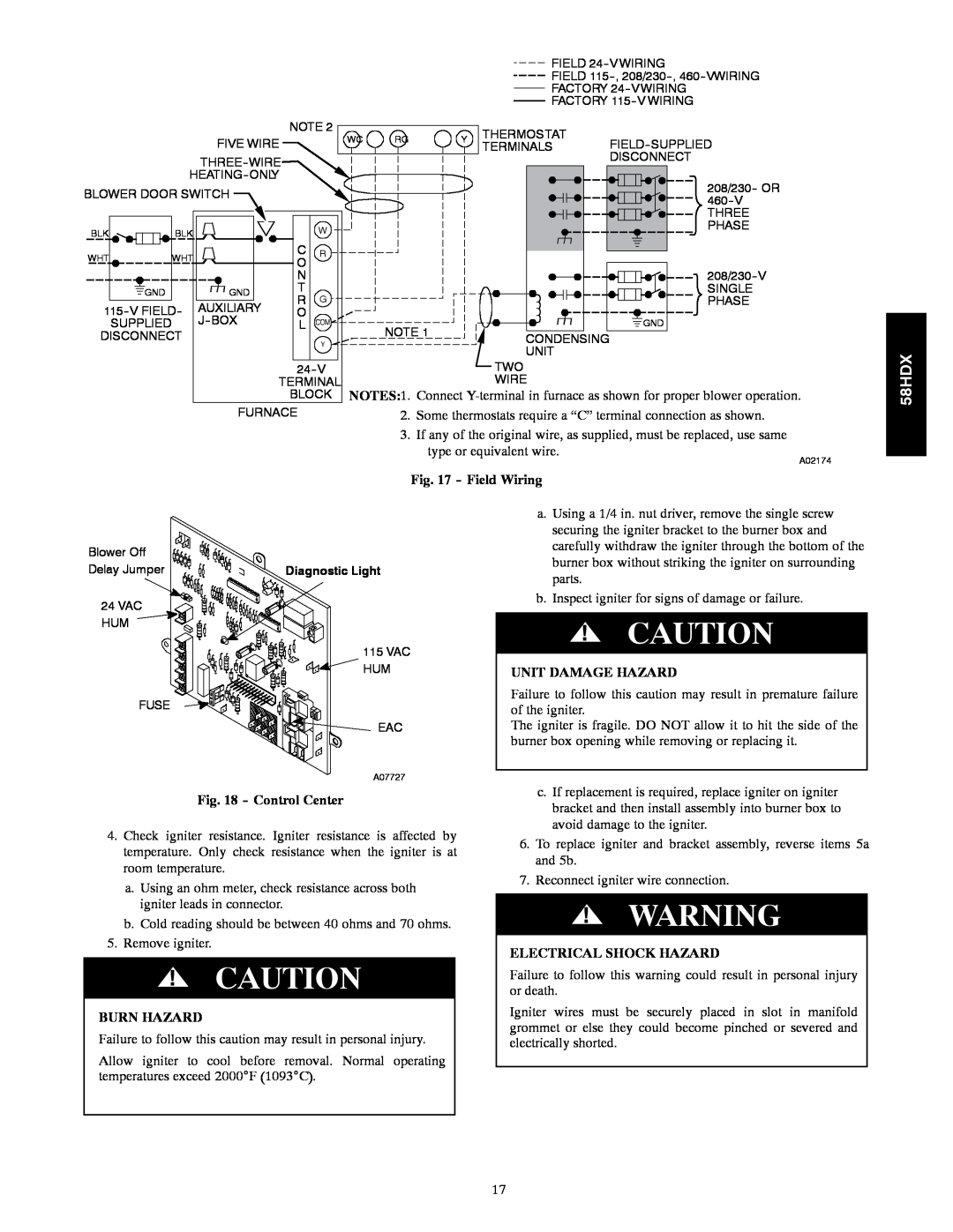 Carrier 58HDX instruction manual Field Wiring, Control Center, Burn Hazard, Unit Damage Hazard, Electrical Shock Hazard 