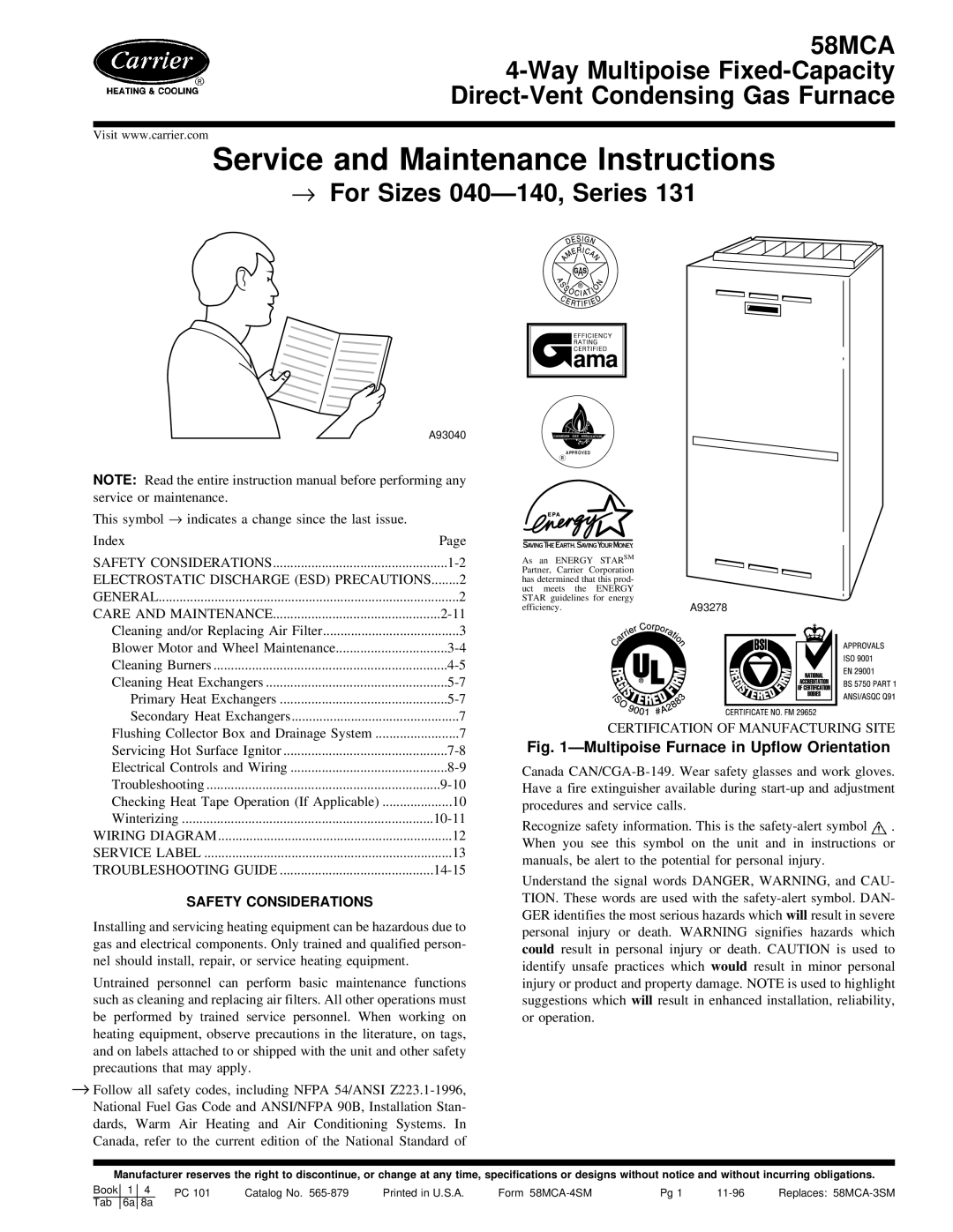 Carrier 58MCA instruction manual Service and Maintenance Instructions 