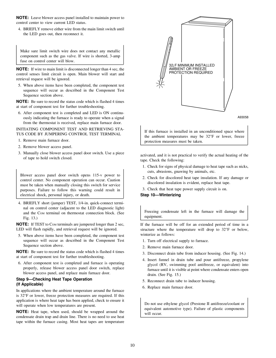 Carrier 58MCA instruction manual ÐChecking Heat Tape Operation If Applicable, ÐWinterizing 