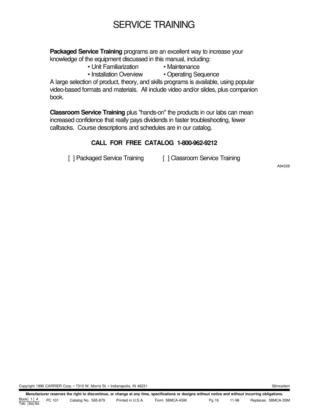 Carrier 58MCA instruction manual Service Training 