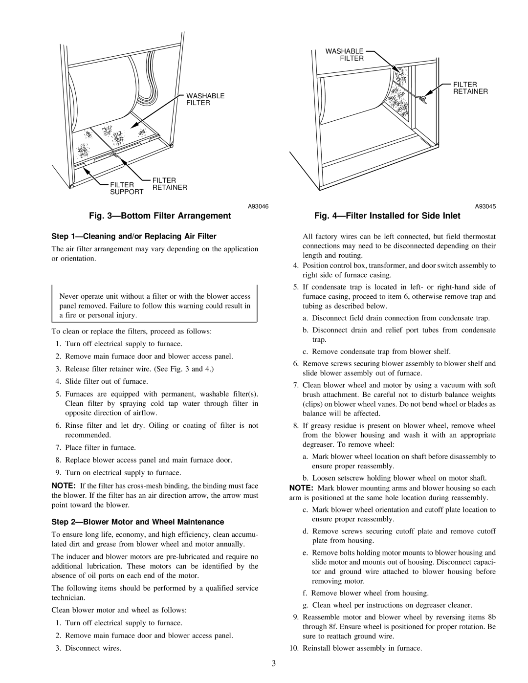 Carrier 58MCA instruction manual ÐCleaning and/or Replacing Air Filter, ÐBlower Motor and Wheel Maintenance 