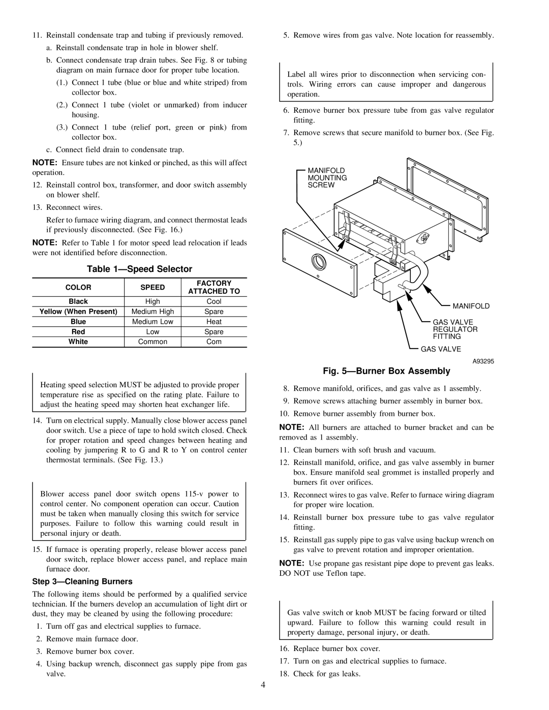 Carrier 58MCA instruction manual ÐSpeed Selector, ÐCleaning Burners 