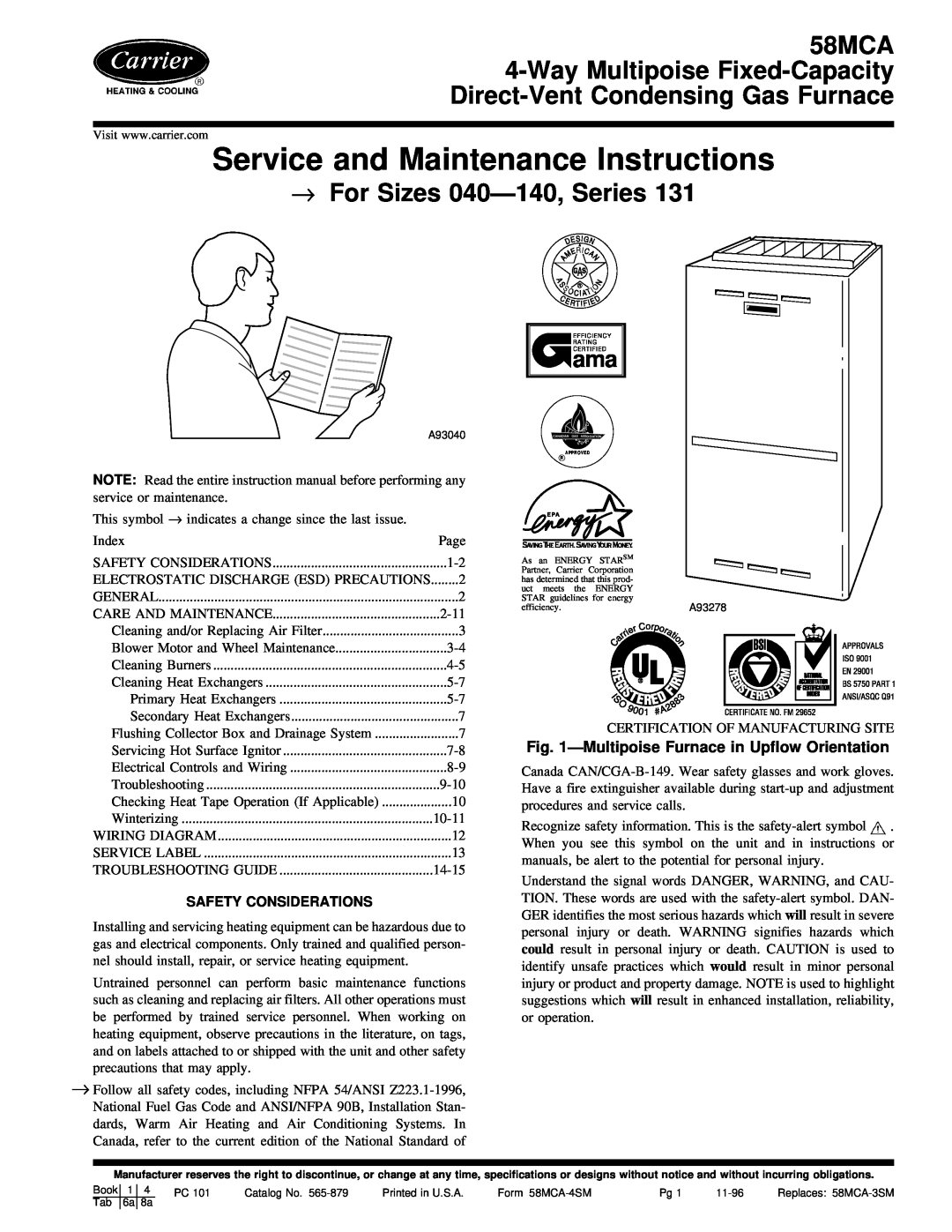 Carrier 58MCA instruction manual Service and Maintenance Instructions, →For Sizes 040Ð140, Series, Safety Considerations 
