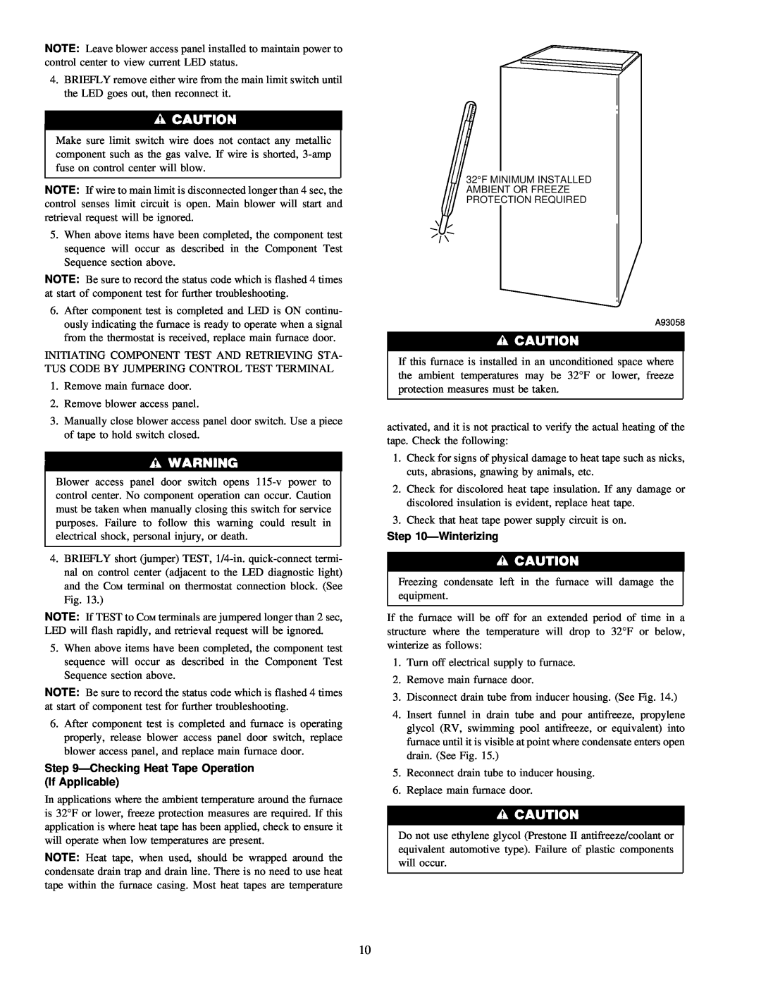 Carrier 58MCA instruction manual ÐChecking Heat Tape Operation If Applicable, ÐWinterizing 