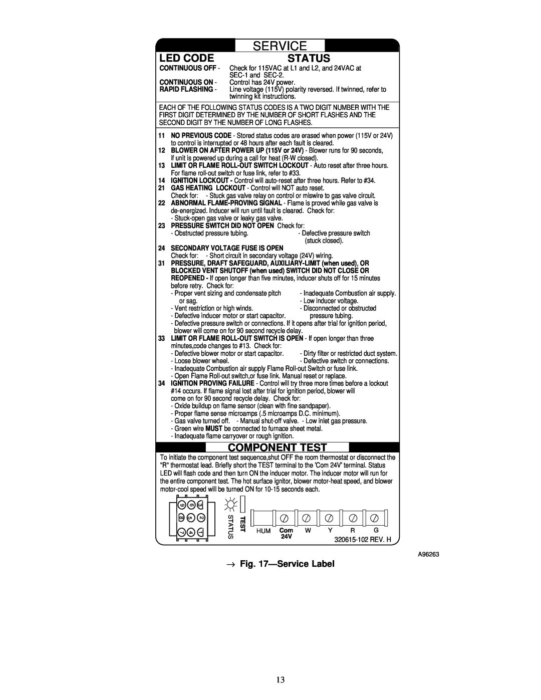 Carrier 58MCA instruction manual Led Code, Status, Component Test, ÐService Label 